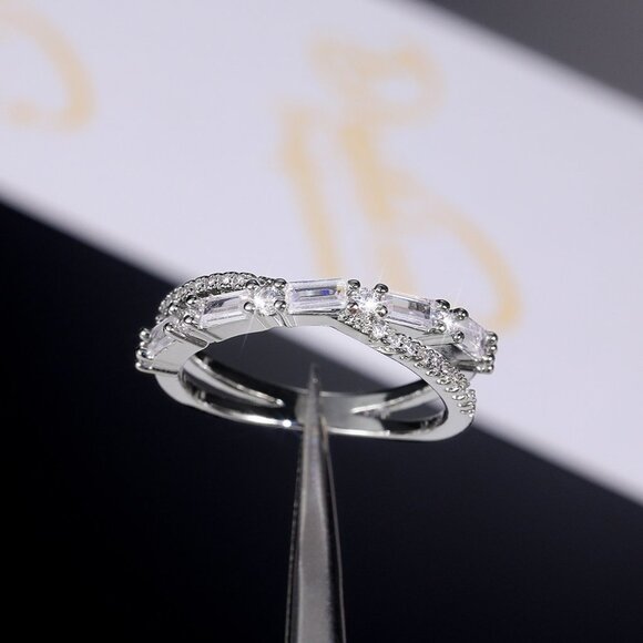 ▶Fashion Party Two Lines Cross CZ Anillos Trendy Silver Rings for Women, L231 - Picture 8 of 8